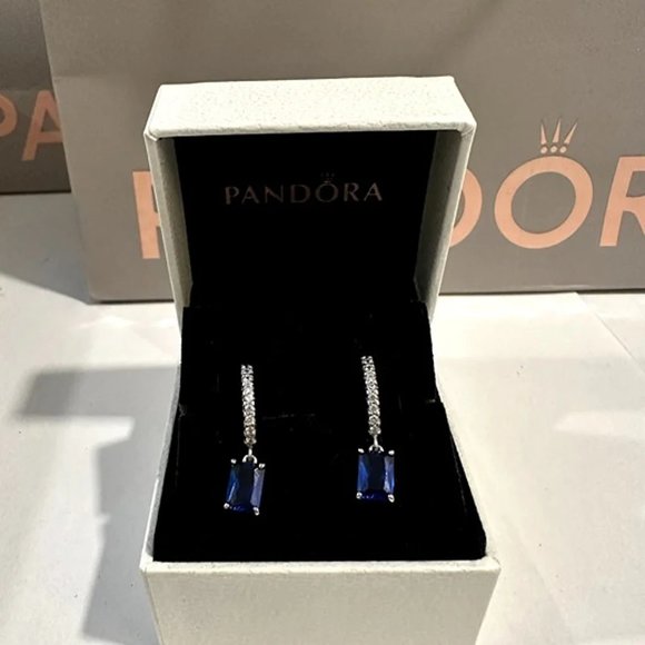 Pandora Blue Rectangular Sparkling Hoop Earrings NEW & AUTHENTIC - Picture 4 of 6